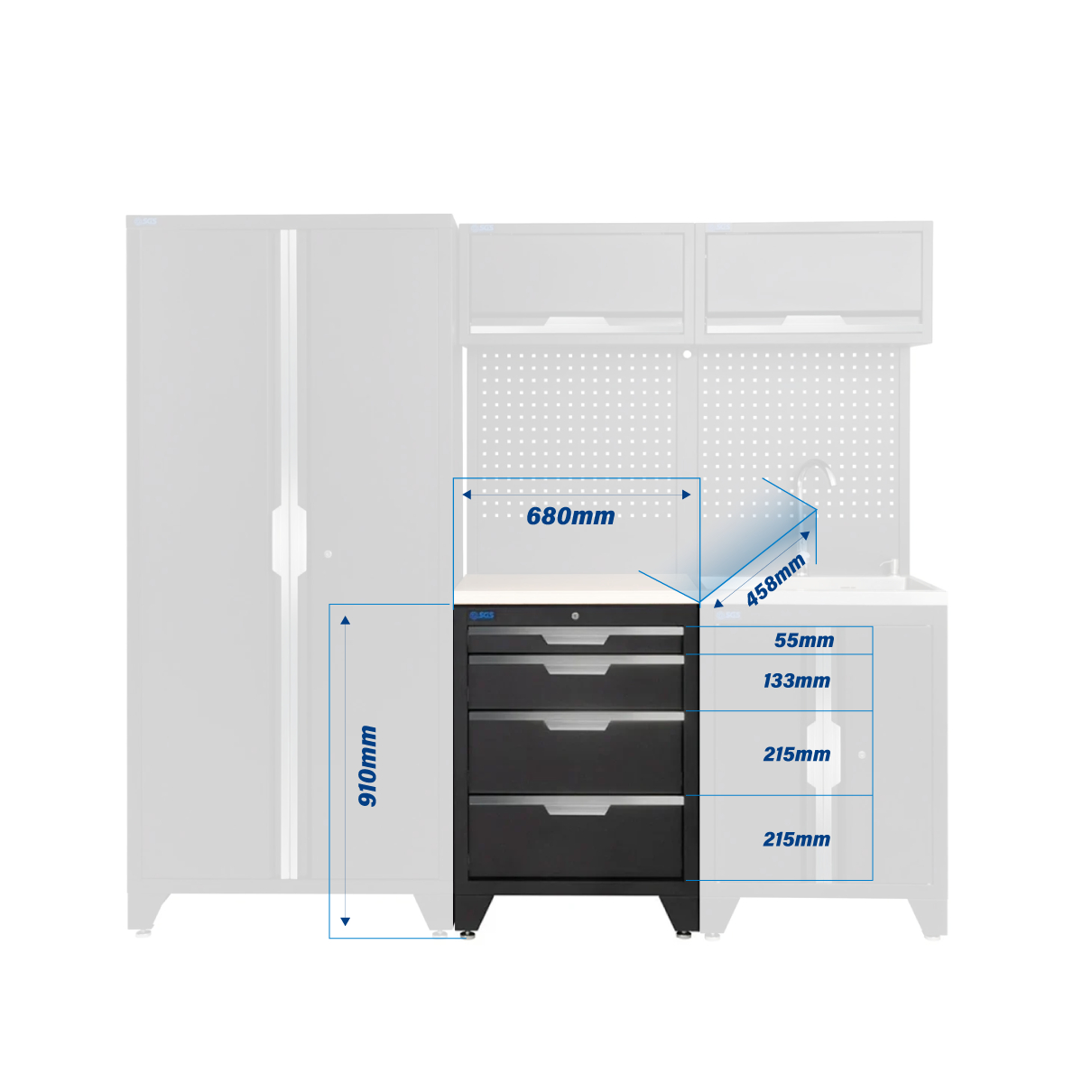 SGS 7pc Modular Garage Storage | 4 Drawers | Plywood Worktop | Sink Unit | 2x Upper Cabinets | Tall Double Cabinet